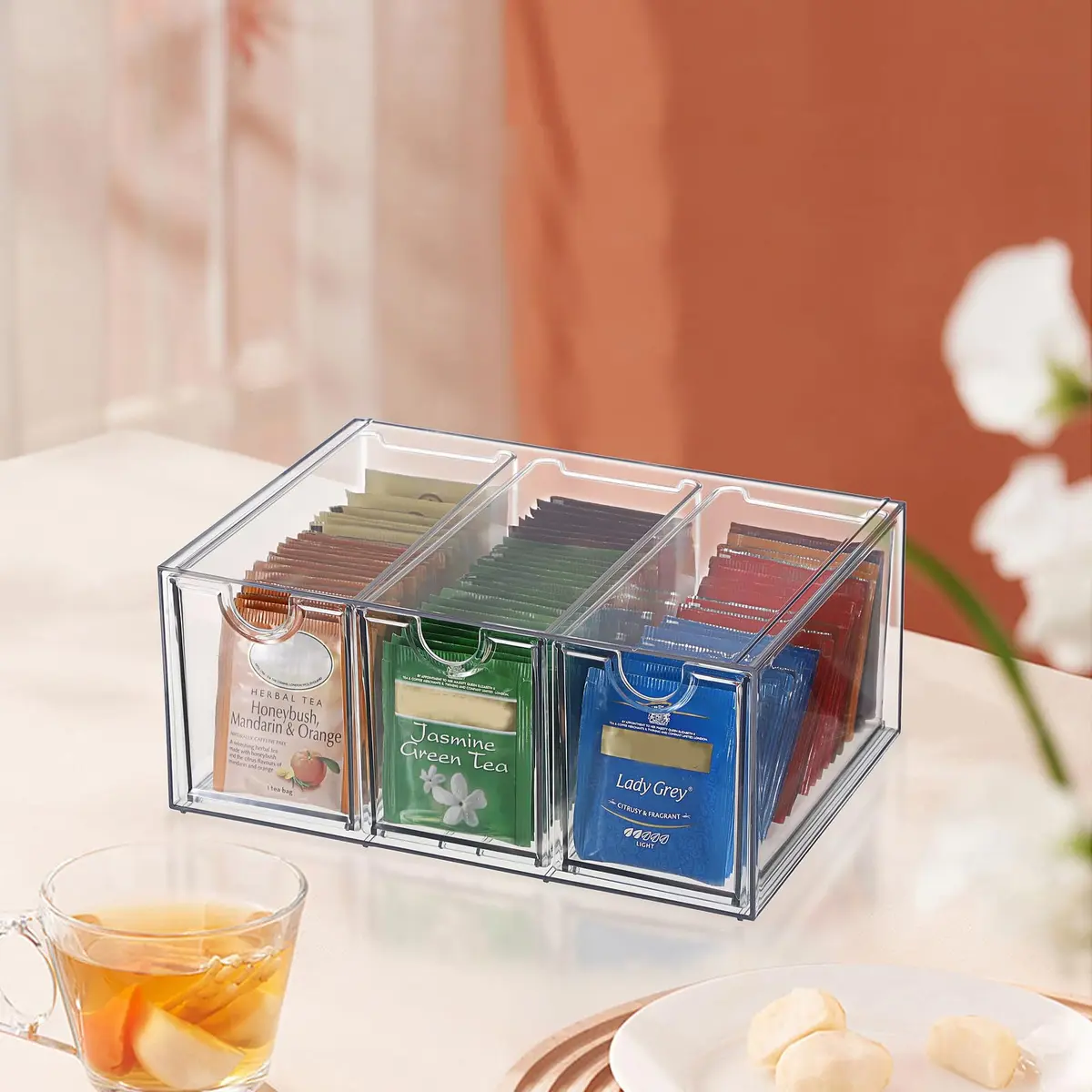 ELLDOO 3 Drawers Tea Bag Organizer Box, Clear Acrylic Stackable Tea Storage for Kitchen Pantry, Coffee Pod Snack - view 9