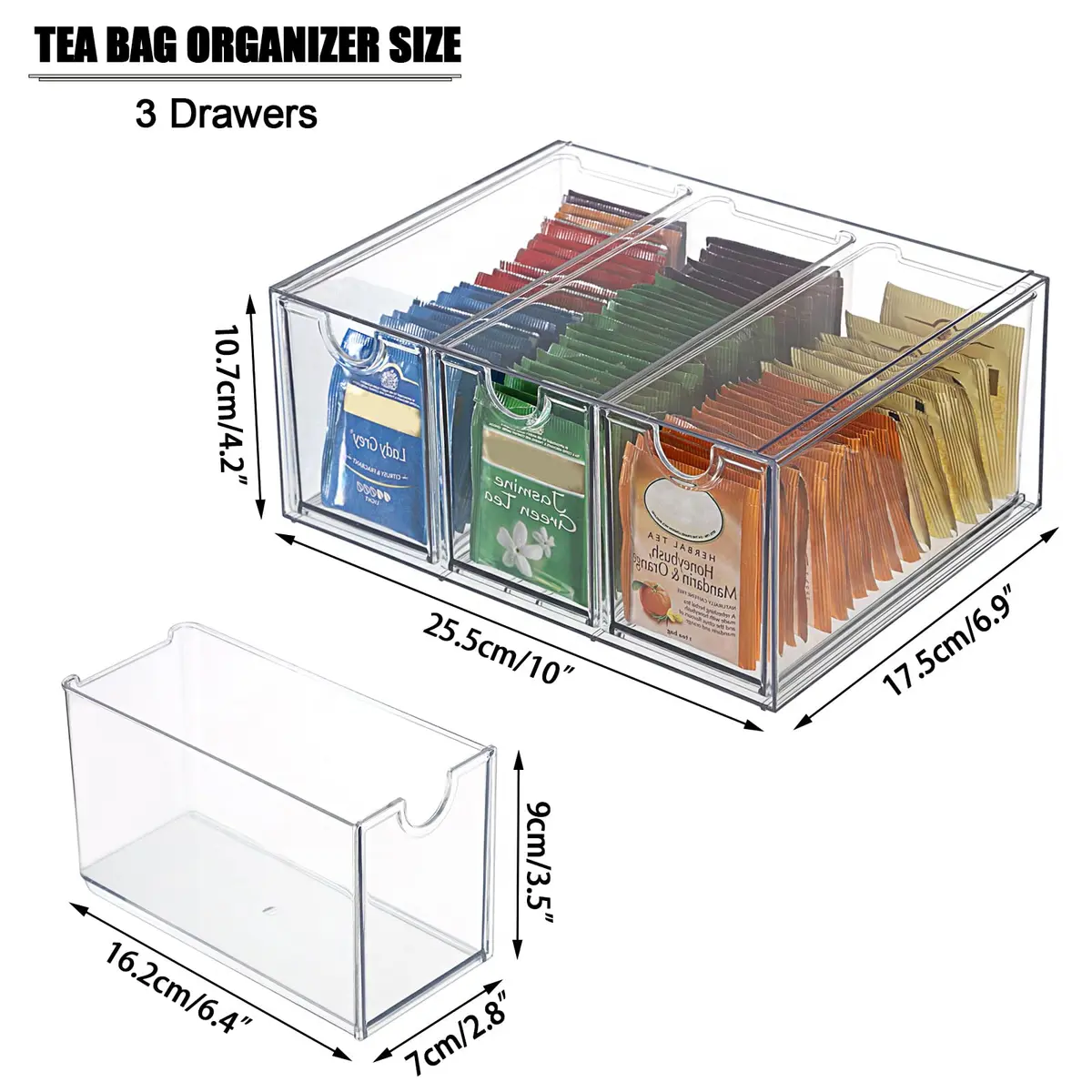 ELLDOO 3 Drawers Tea Bag Organizer Box, Clear Acrylic Stackable Tea Storage for Kitchen Pantry, Coffee Pod Snack - view 2