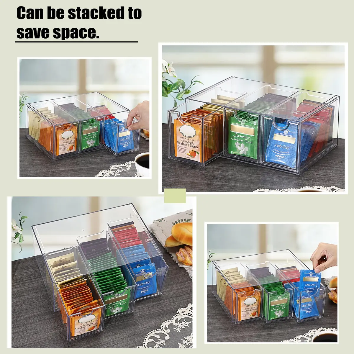 ELLDOO 3 Drawers Tea Bag Organizer Box, Clear Acrylic Stackable Tea Storage for Kitchen Pantry, Coffee Pod Snack - view 3