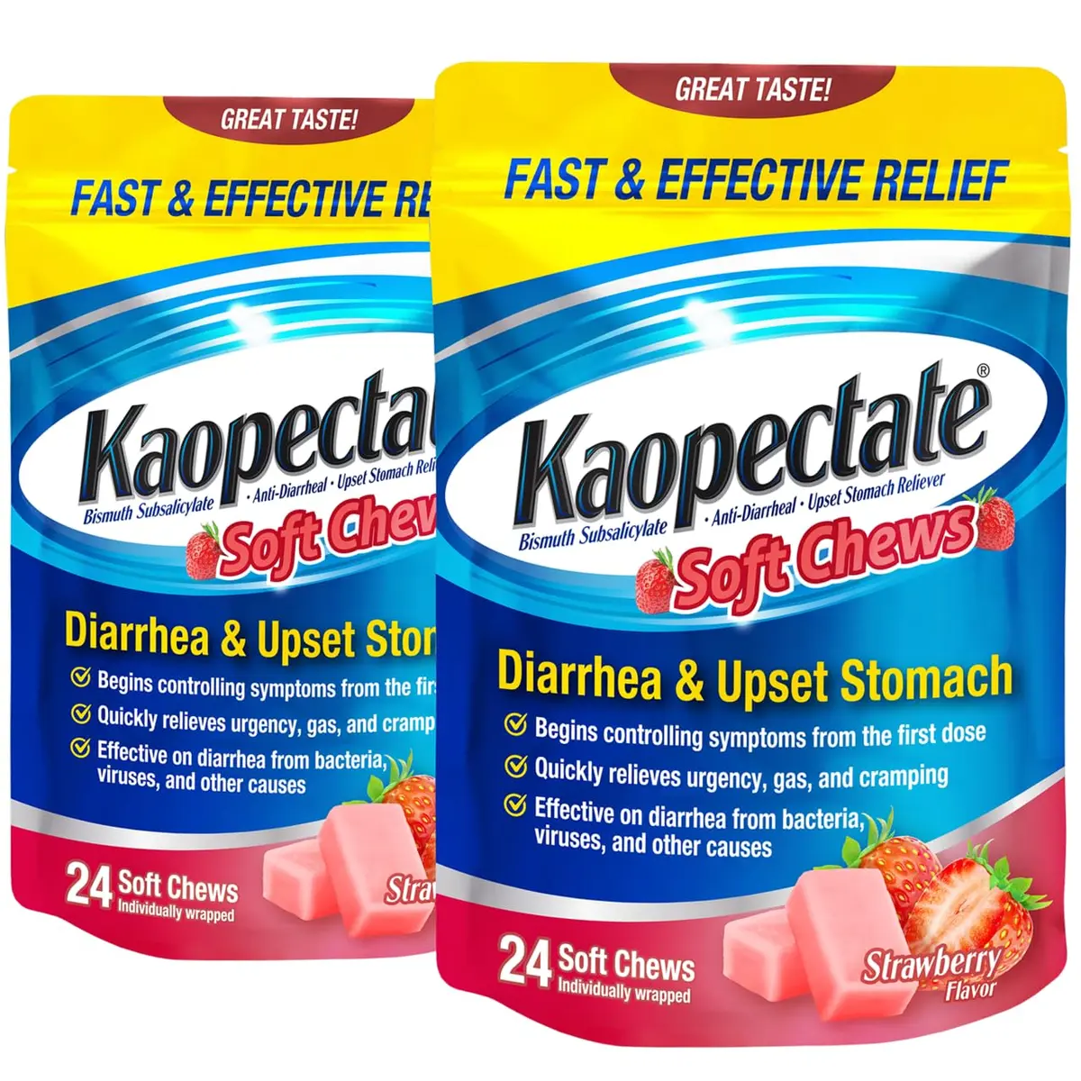Kaopectate Diarrhea Medication for Adults, 24 Strawberry Soft Chews, 2 Pk | Fast Relief for Upset Stomach & Gas - main product image