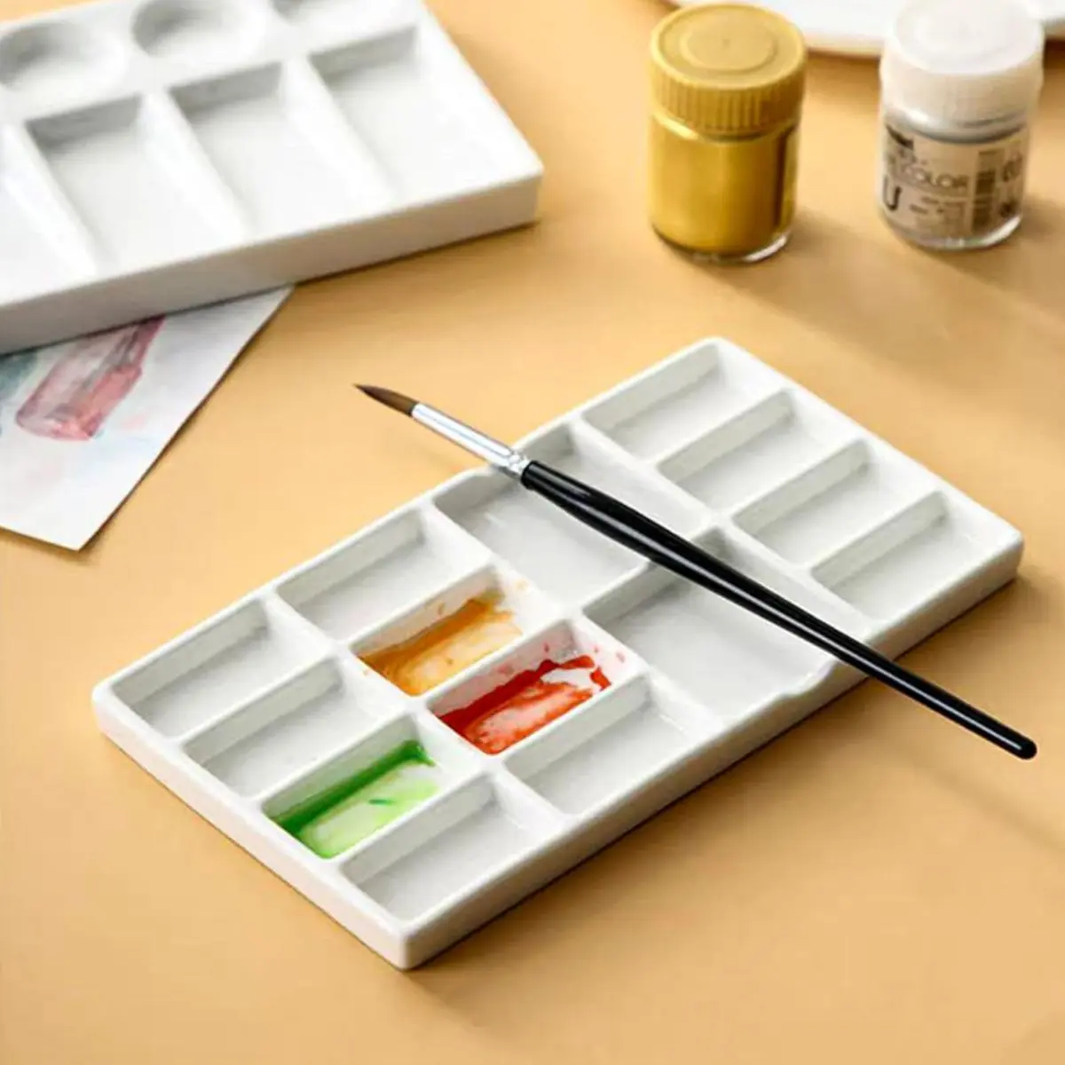 MOTOFITOOL Travel Watercolor Palette, Ceramic 14 Well, Portable Art Box with Lid & Sponge - view 8