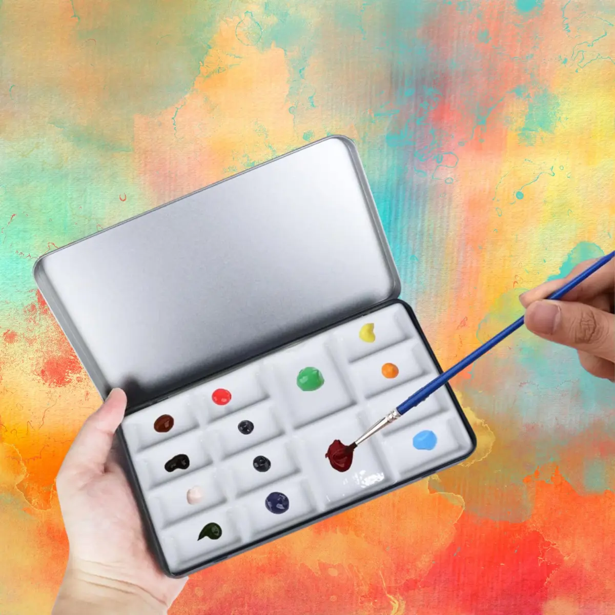 MOTOFITOOL Travel Watercolor Palette, Ceramic 14 Well, Portable Art Box with Lid & Sponge - view 4