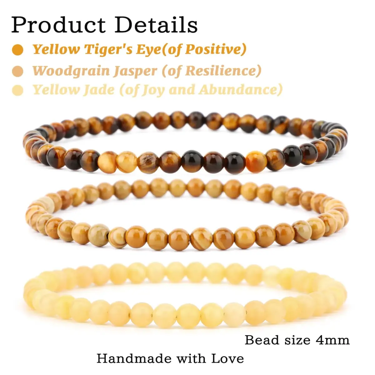 NCB 3-Piece 4mm Natural Crystal Gemstone Stretch Bracelets | Handmade Reiki Energy Healing Jewelry for Meditation, Yoga, Unisex - view 2