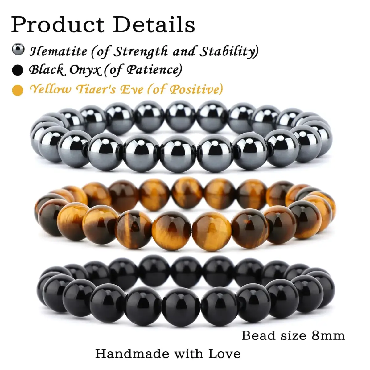 NCB 3-Piece 8mm Natural Crystal Gemstone Stretch Bracelets | Reiki Energy Healing Jewelry for Meditation, Yoga, Unisex - view 2