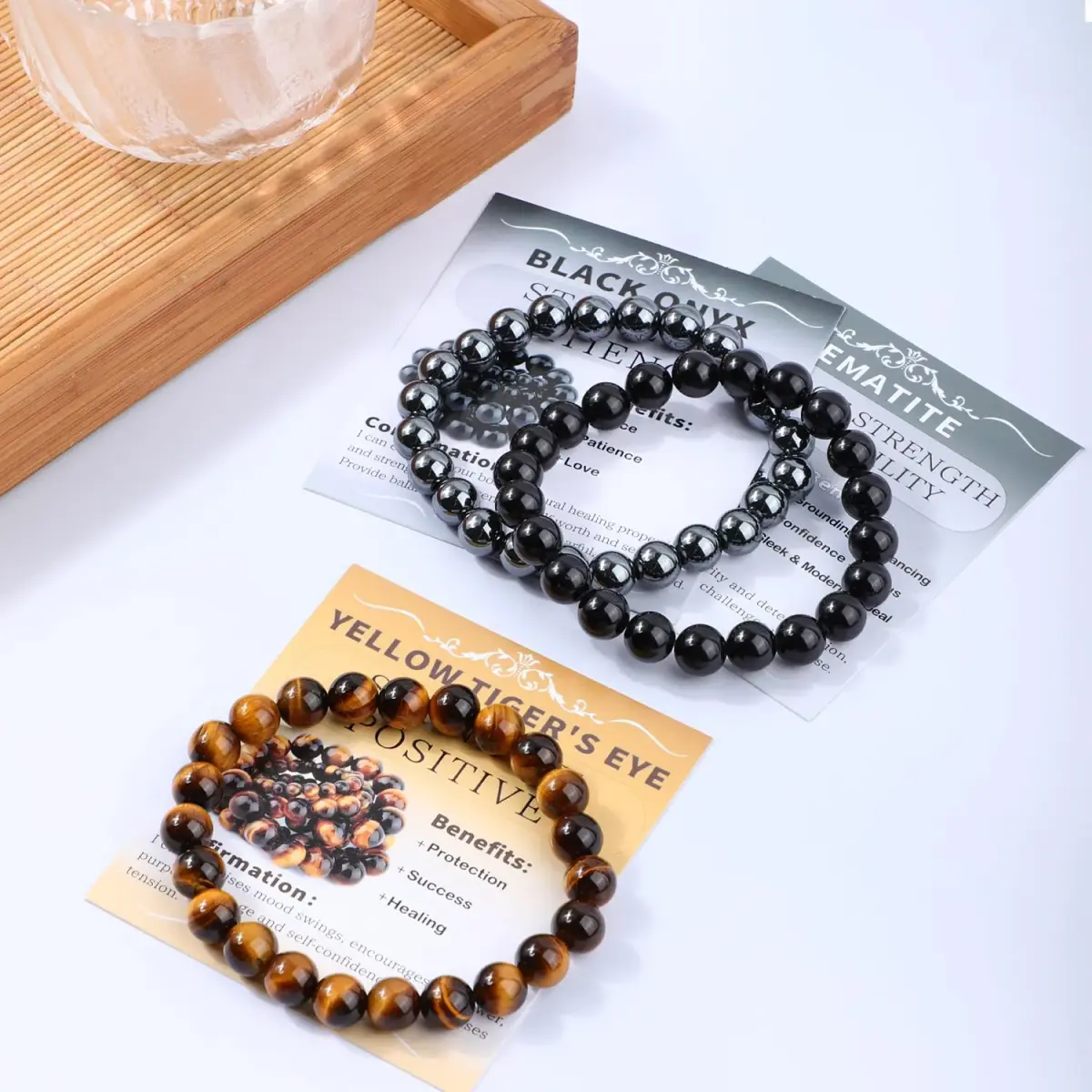 NCB 3-Piece 8mm Natural Crystal Gemstone Stretch Bracelets | Reiki Energy Healing Jewelry for Meditation, Yoga, Unisex - view 3
