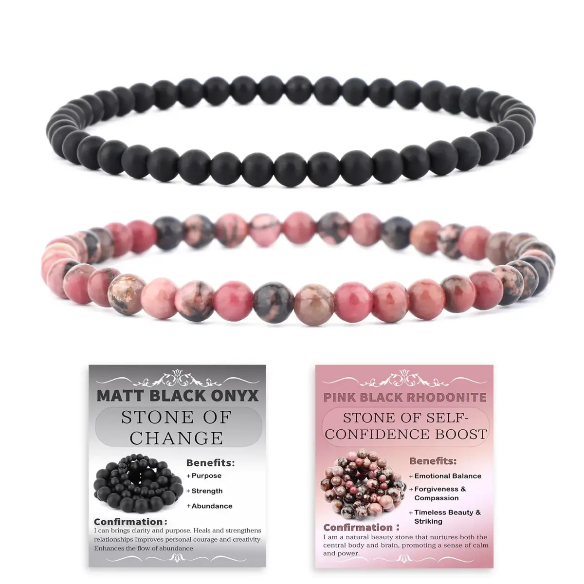 NCB Natural Crystal Gemstone Stretch Bracelets 4mm (Pink Black Rhodonite & Matte Black Agate) | Handmade Reiki Energy Healing Jewelry - main product image
