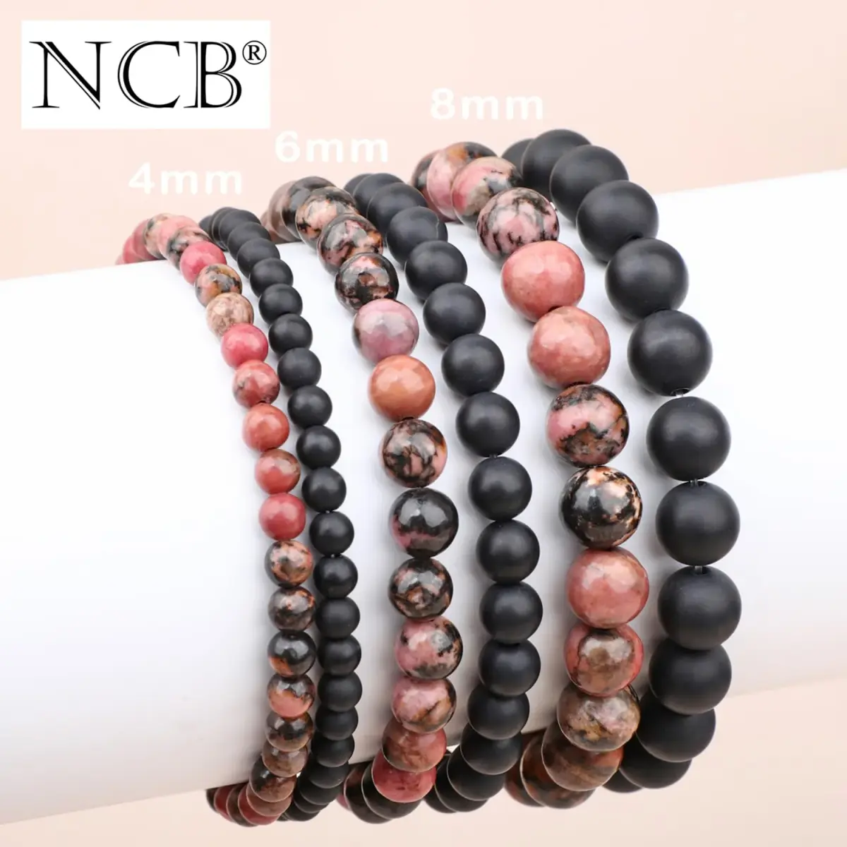 NCB Natural Crystal Gemstone Stretch Bracelets 4mm (Pink Black Rhodonite & Matte Black Agate) | Handmade Reiki Energy Healing Jewelry - view 5
