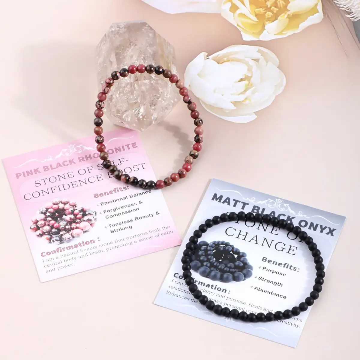 NCB Natural Crystal Gemstone Stretch Bracelets 4mm (Pink Black Rhodonite & Matte Black Agate) | Handmade Reiki Energy Healing Jewelry - view 3