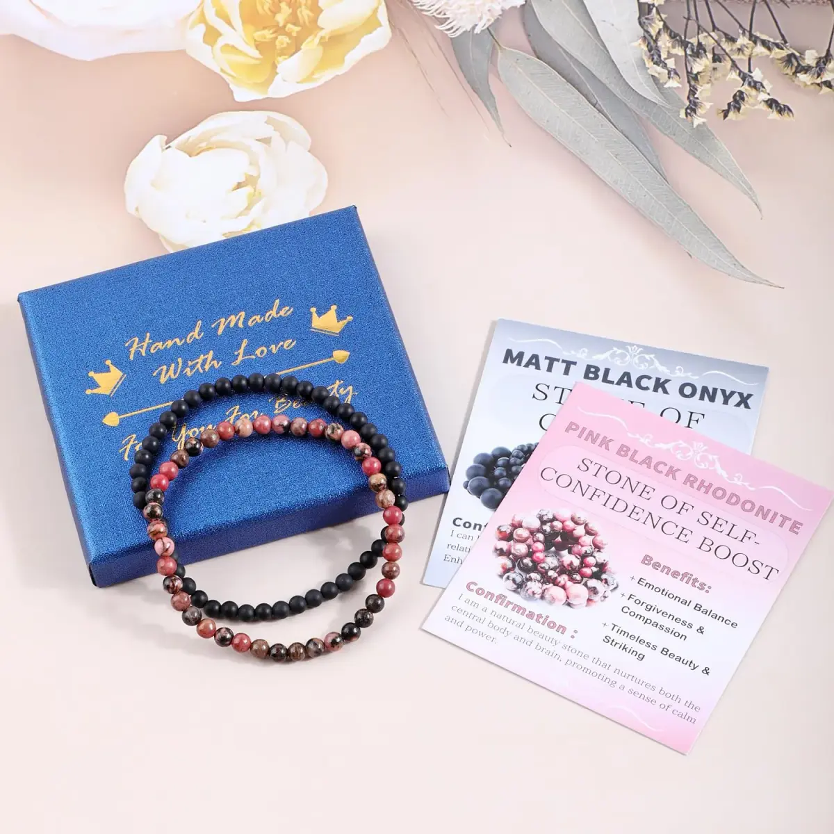 NCB Natural Crystal Gemstone Stretch Bracelets 4mm (Pink Black Rhodonite & Matte Black Agate) | Handmade Reiki Energy Healing Jewelry - view 4