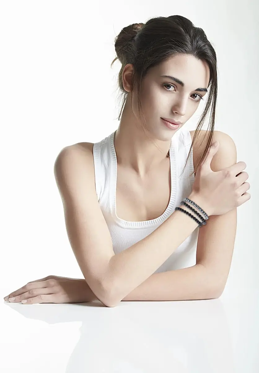 NCB 3-Piece 6mm Natural Crystal Gemstone Stretch Bracelets | Black Onyx, Hematite, Matte Black Agate - view 6