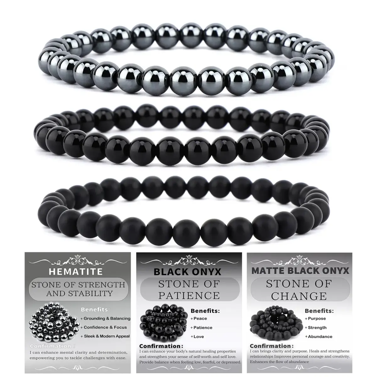 NCB 3-Piece 6mm Natural Crystal Gemstone Stretch Bracelets | Black Onyx, Hematite, Matte Black Agate - main product image