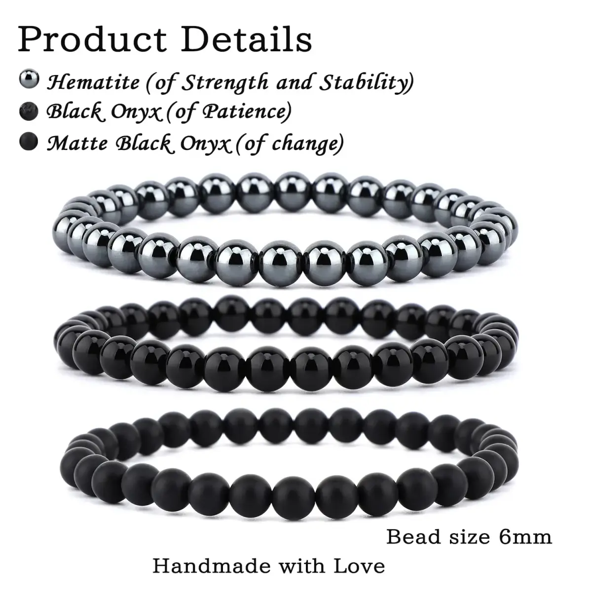 NCB 3-Piece 6mm Natural Crystal Gemstone Stretch Bracelets | Black Onyx, Hematite, Matte Black Agate - view 2