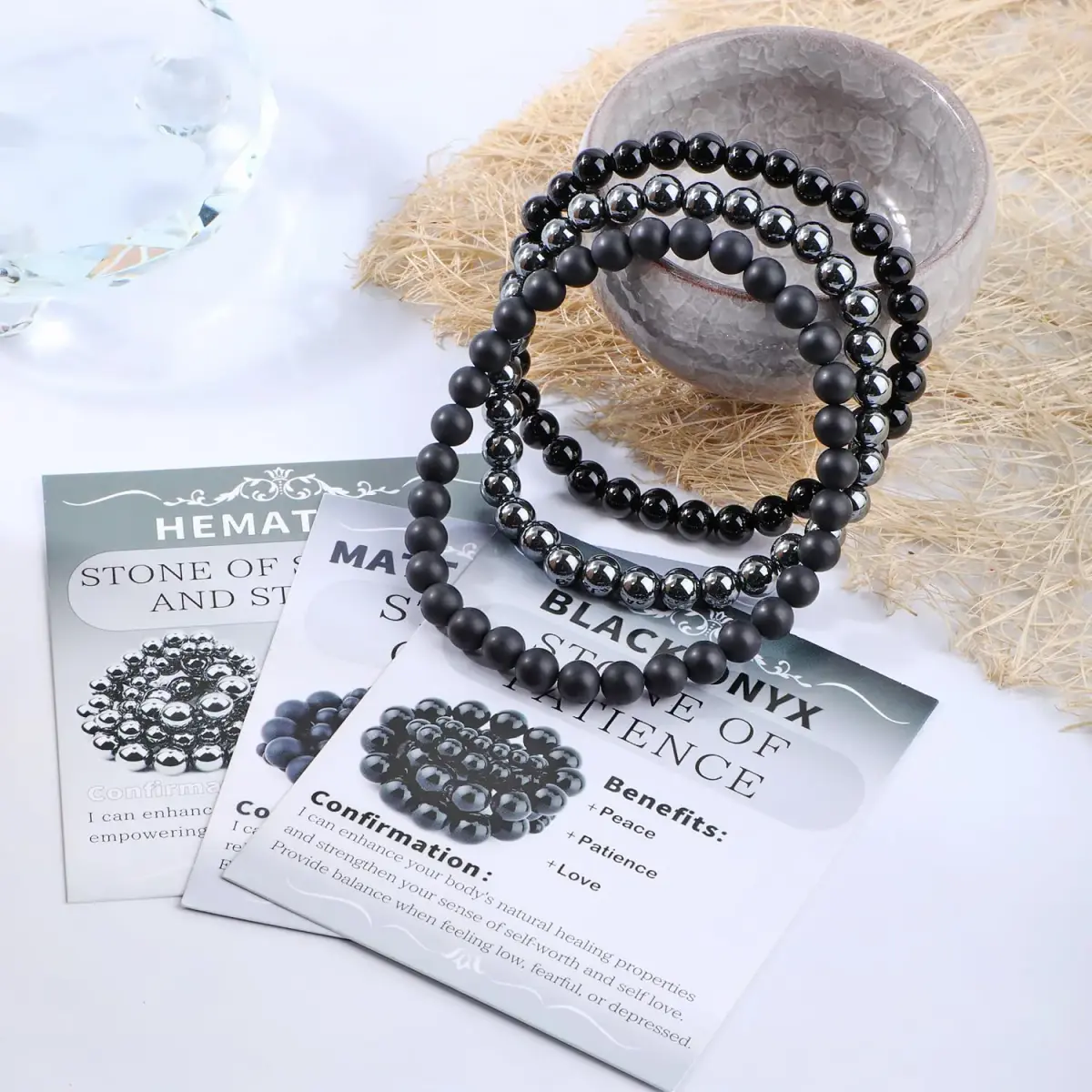 NCB 3-Piece 6mm Natural Crystal Gemstone Stretch Bracelets | Black Onyx, Hematite, Matte Black Agate - view 3