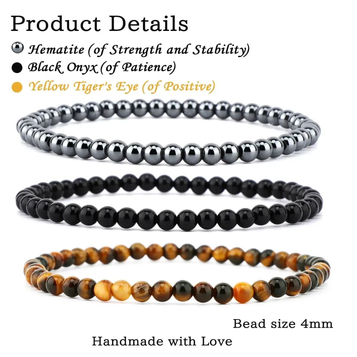 NCB 3-Piece 4mm Natural Crystal Gemstone Stretch Bracelets | Handmade Reiki Energy Healing Jewelry for Meditation, Yoga, Unisex - main product image