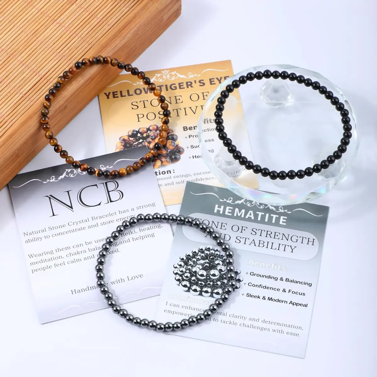 NCB 3-Piece 4mm Natural Crystal Gemstone Stretch Bracelets | Handmade Reiki Energy Healing Jewelry for Meditation, Yoga, Unisex - view 2
