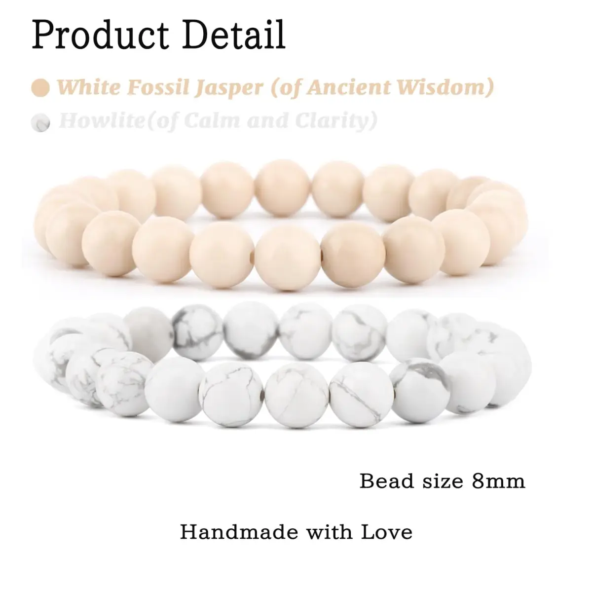 NCB Natural Crystal Gemstone Stretch Bracelets (8mm Howlite, White Fossil Jasper) | Handmade Reiki Healing Jewelry for Meditation, Yoga - view 2