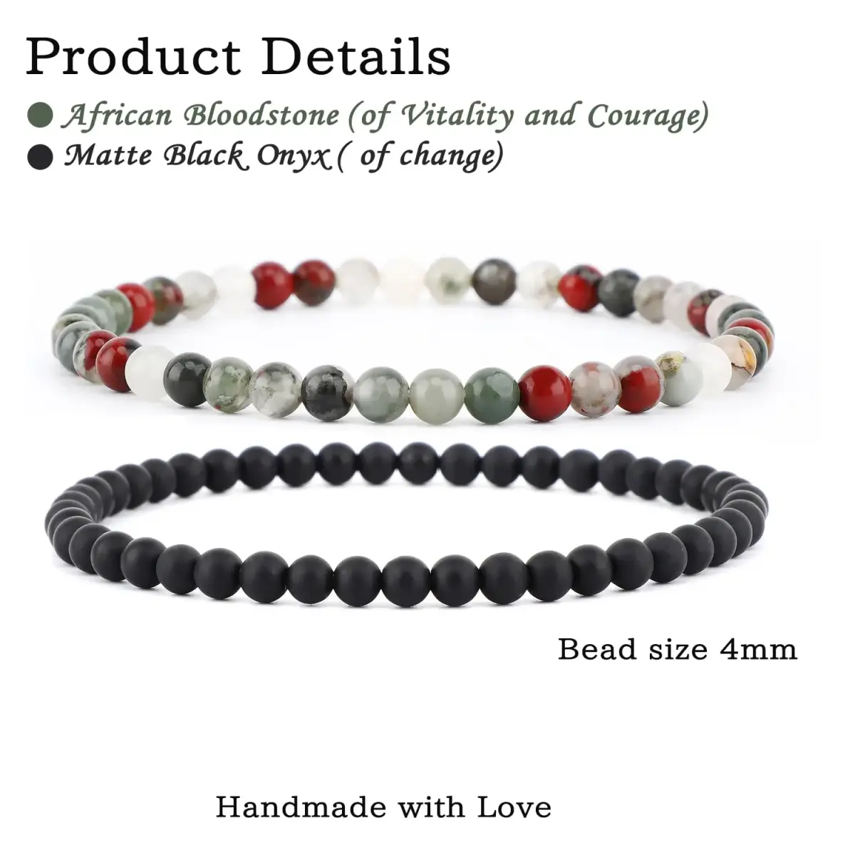 NCB 2-Piece African Bloodstone & Matte Black Agate 4mm Natural Gemstone Stretch Bracelets | Handmade Reiki Healing Jewelry - main product image