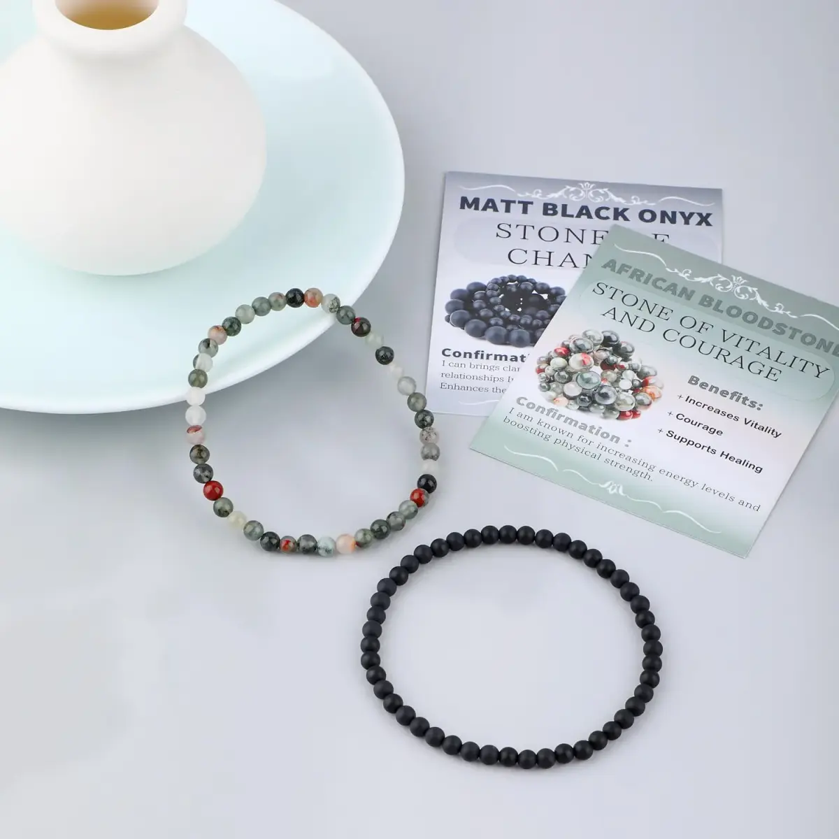 NCB 2-Piece African Bloodstone & Matte Black Agate 4mm Natural Gemstone Stretch Bracelets | Handmade Reiki Healing Jewelry - view 2