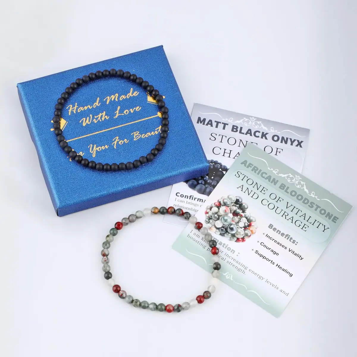 NCB 2-Piece African Bloodstone & Matte Black Agate 4mm Natural Gemstone Stretch Bracelets | Handmade Reiki Healing Jewelry - view 3