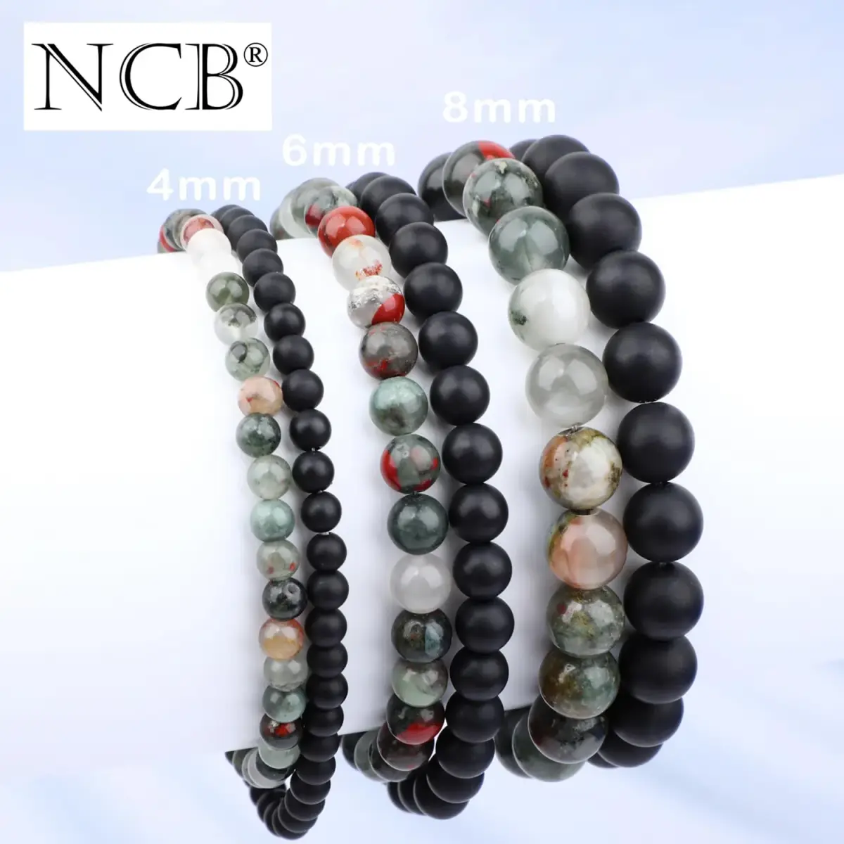 NCB 2-Piece African Bloodstone & Matte Black Agate 4mm Natural Gemstone Stretch Bracelets | Handmade Reiki Healing Jewelry - view 4