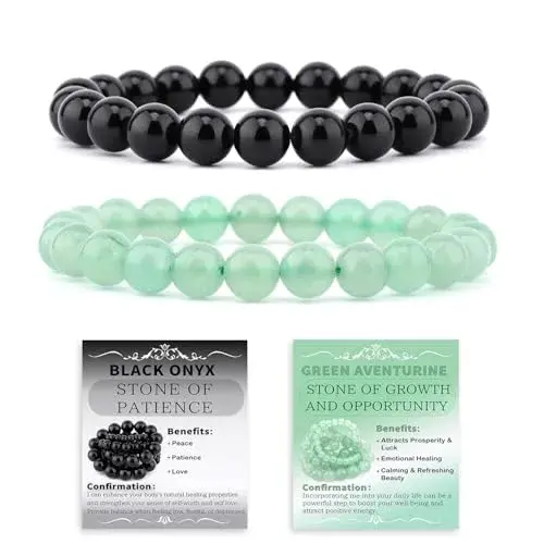 NCB Natural Crystal Gemstone Stretch Bracelets - Black Onyx & Green Aventurine (6mm, 2-Pack) | Handmade Reiki Energy Healing Jewelry - main product image