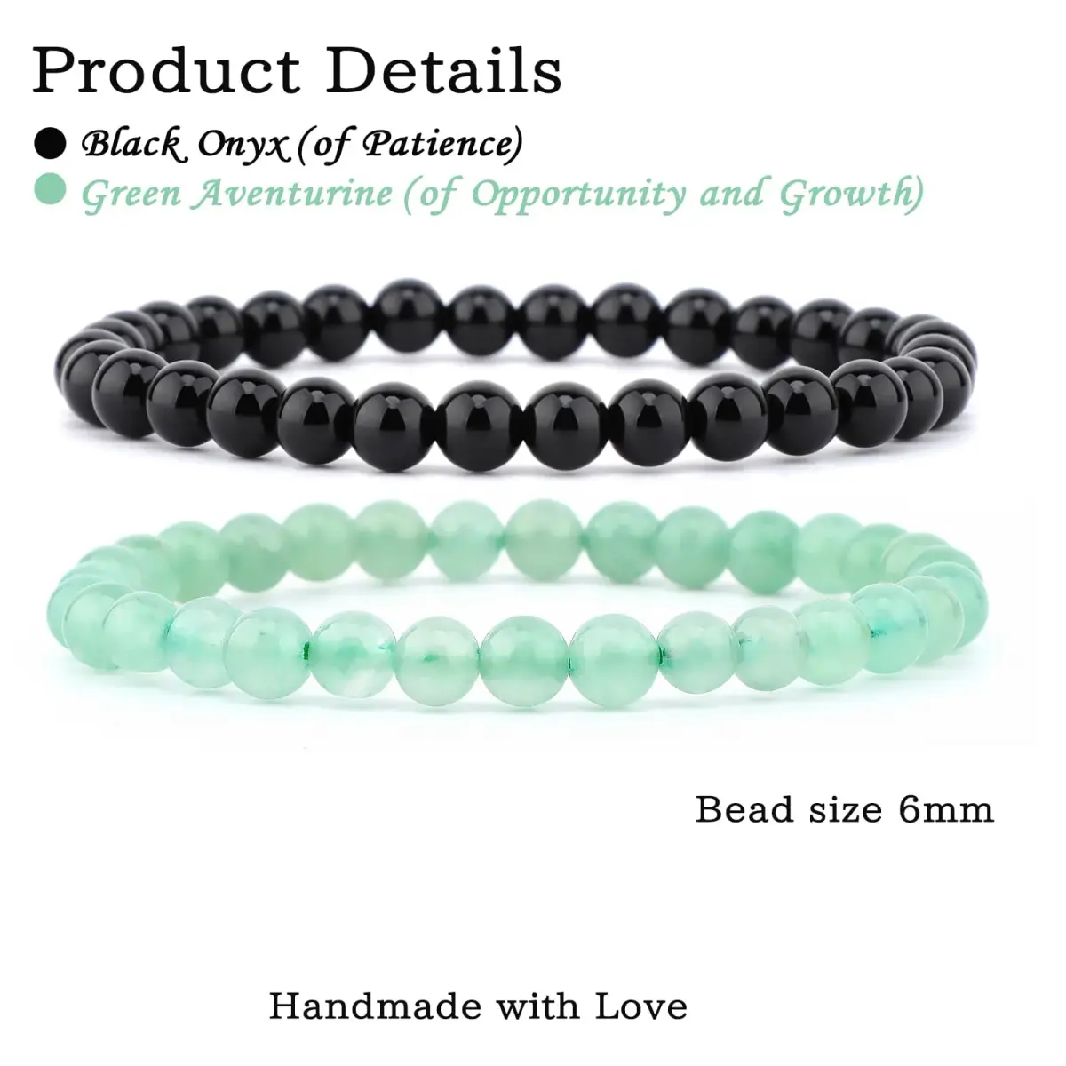NCB Natural Crystal Gemstone Stretch Bracelets - Black Onyx & Green Aventurine (6mm, 2-Pack) | Handmade Reiki Energy Healing Jewelry - view 2