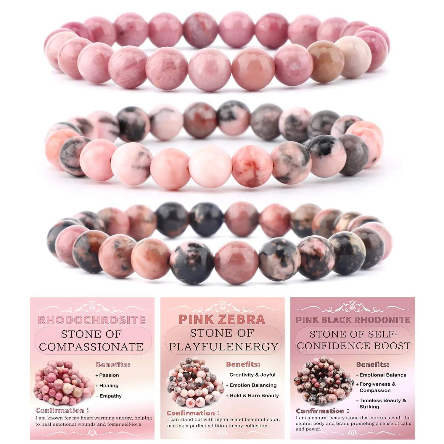 NCB 3-Piece Natural Crystal Gemstone Stretch Bracelets - Rhodochrosite, Pink Zebra, Pink Black Rhodonite 8mm | Handmade Reiki Energy Healing Jewelry - main product image