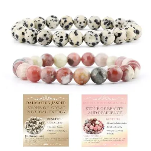 NCB Natural Gemstone Stretch Bracelets (Dalmatian Jasper + Red Plum Blossom Stone), 6mm Beads, Pack of 2 | Handmade Reiki Healing Jewelry - main product image