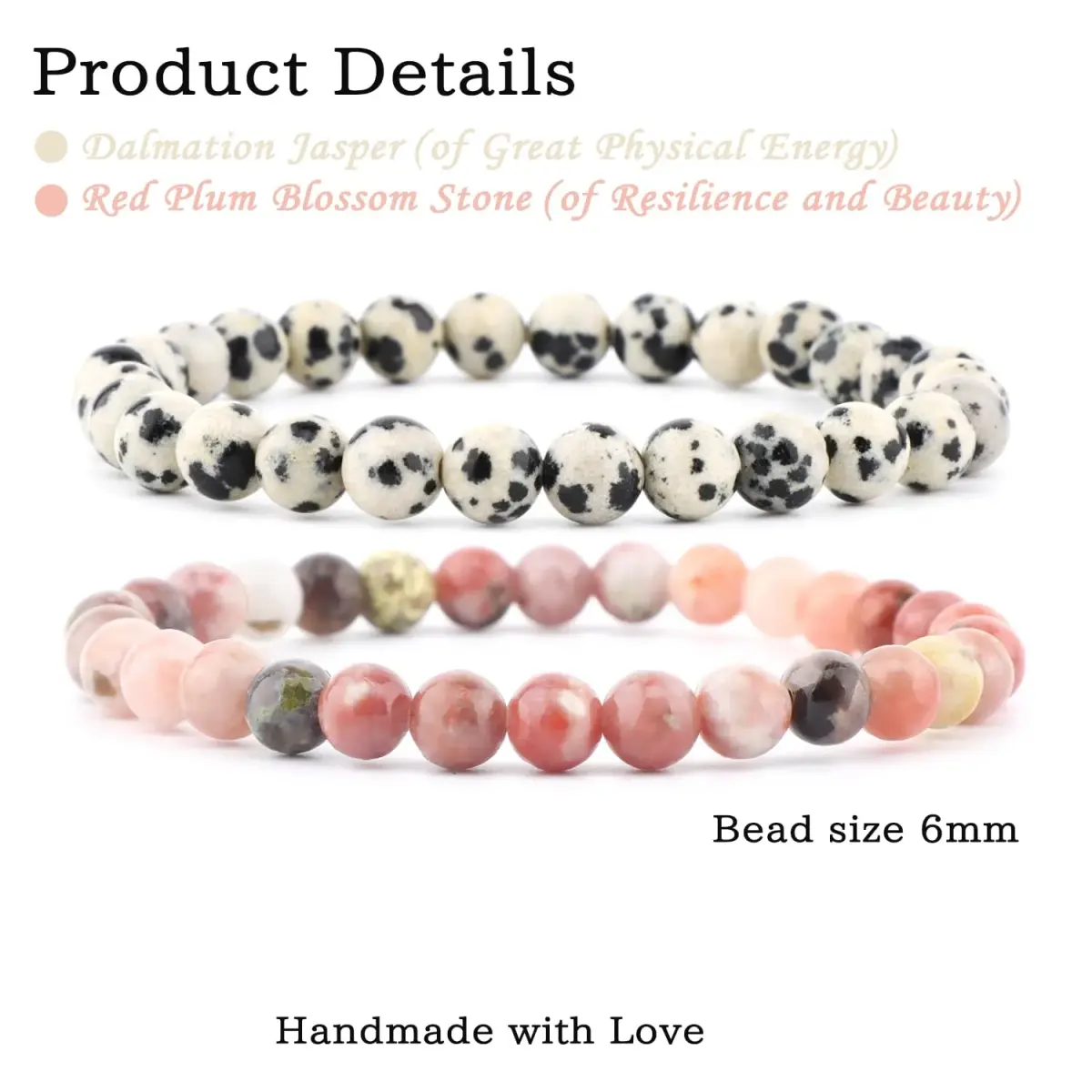 NCB Natural Gemstone Stretch Bracelets (Dalmatian Jasper + Red Plum Blossom Stone), 6mm Beads, Pack of 2 | Handmade Reiki Healing Jewelry - view 2