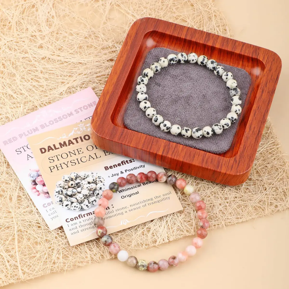 NCB Natural Gemstone Stretch Bracelets (Dalmatian Jasper + Red Plum Blossom Stone), 6mm Beads, Pack of 2 | Handmade Reiki Healing Jewelry - view 3
