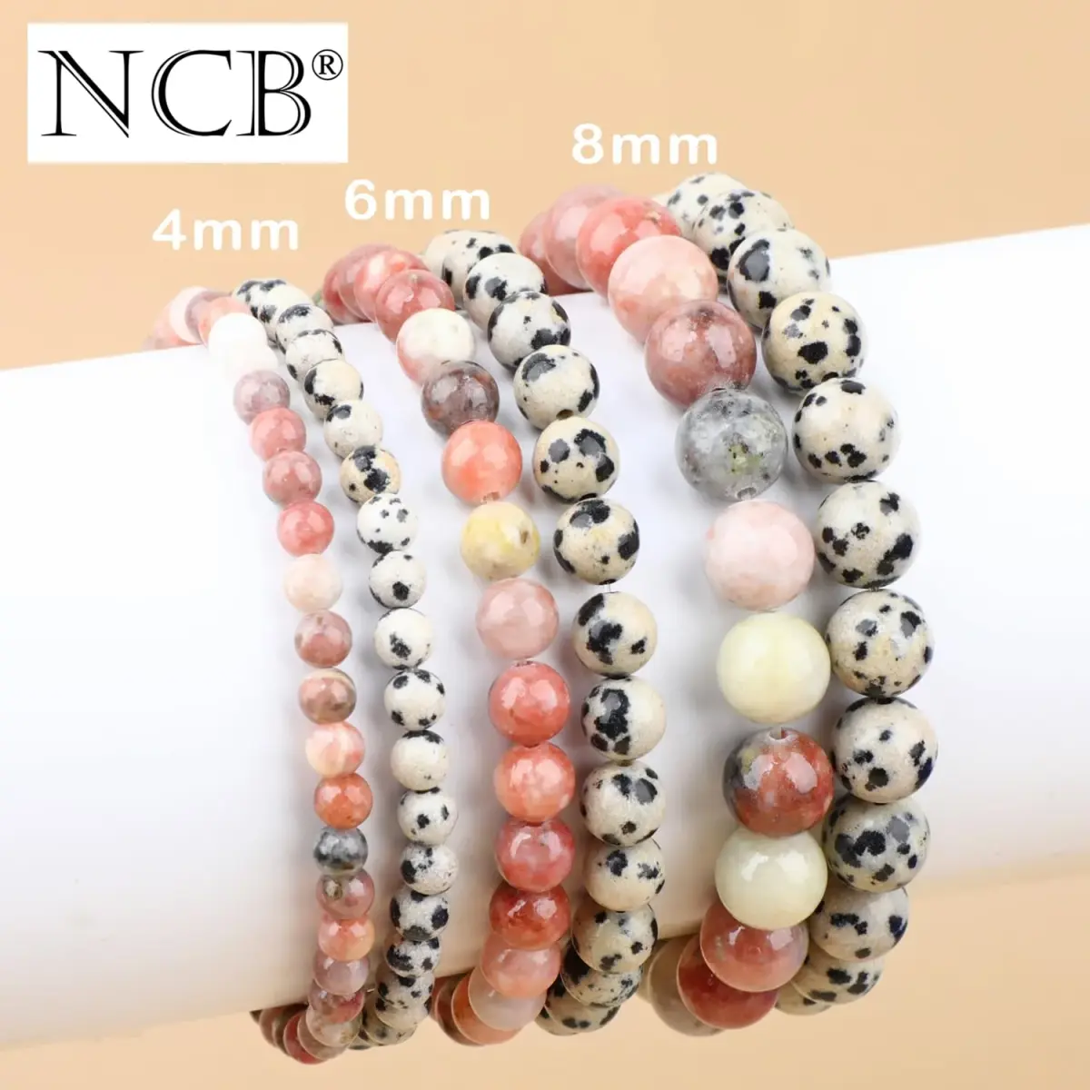 NCB Natural Gemstone Stretch Bracelets (Dalmatian Jasper + Red Plum Blossom Stone), 6mm Beads, Pack of 2 | Handmade Reiki Healing Jewelry - view 5