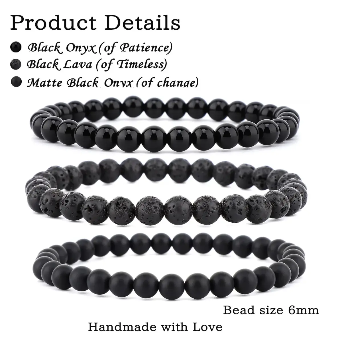 NCB 3-Piece Natural Crystal Gemstone Stretch Bracelets - Black Lava, Black Onyx, Matte Black Agate (6mm Beads) | Handmade Reiki Energy Healing Jewelry - main product image