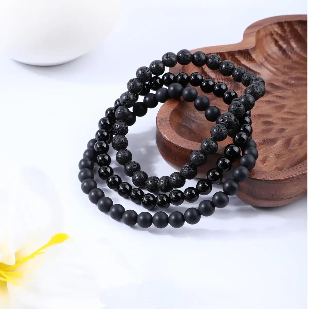 NCB 3-Piece Natural Crystal Gemstone Stretch Bracelets - Black Lava, Black Onyx, Matte Black Agate (6mm Beads) | Handmade Reiki Energy Healing Jewelry - view 2