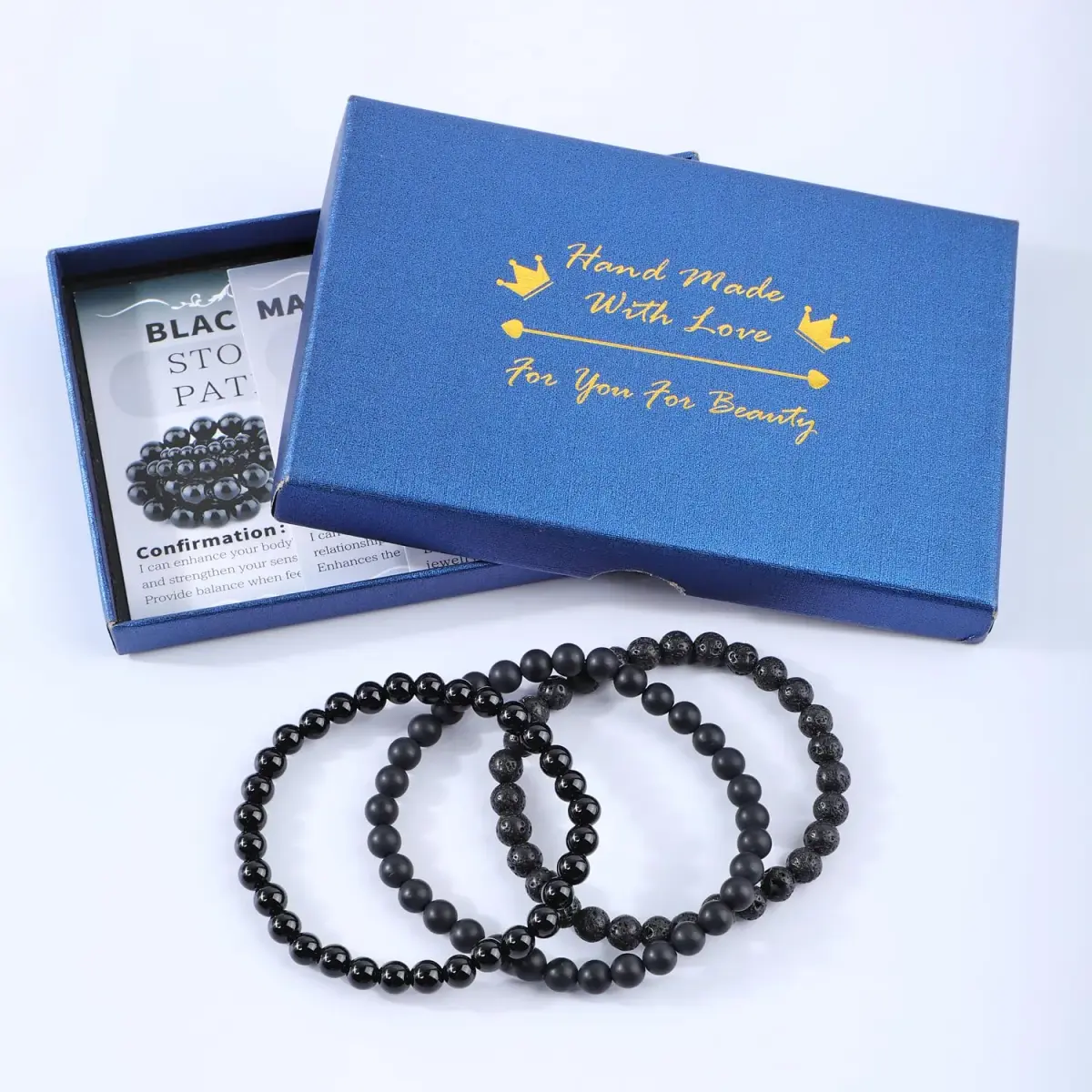 NCB 3-Piece Natural Crystal Gemstone Stretch Bracelets - Black Lava, Black Onyx, Matte Black Agate (6mm Beads) | Handmade Reiki Energy Healing Jewelry - view 3