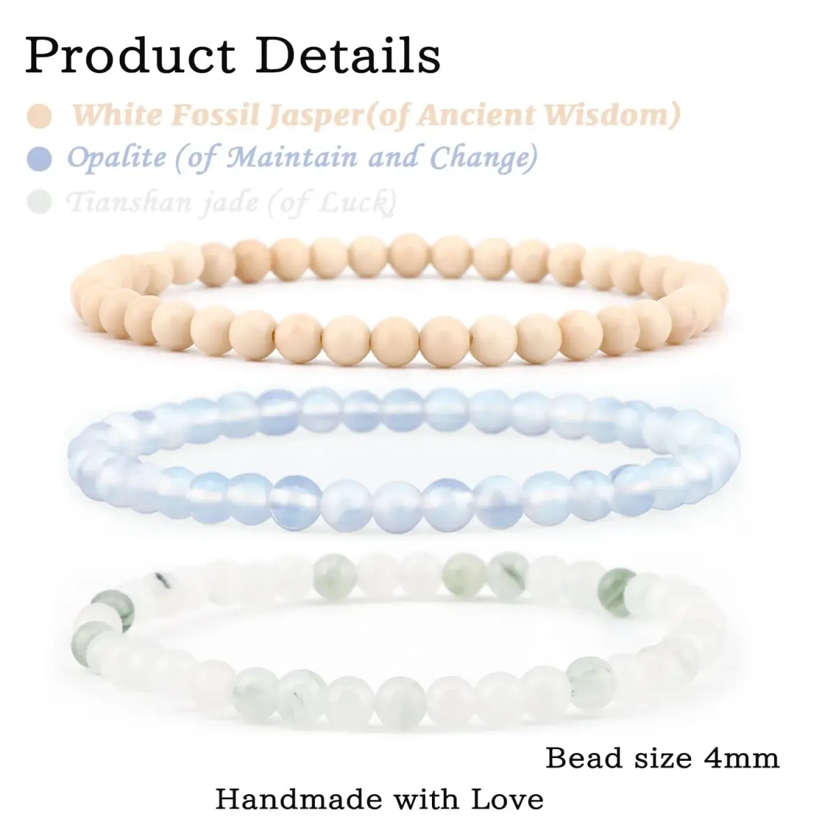 NCB Natural Crystal Gemstone Stretch Bracelets - Opalite, Tianshan Jade, White Fossil Jasper (3-Pack, 4mm) | Authentic USA Import for Meditation & Yoga - view 2