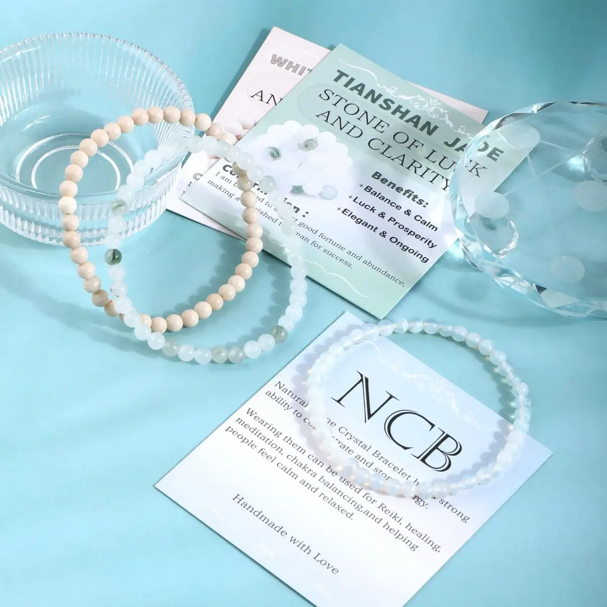 NCB Natural Crystal Gemstone Stretch Bracelets - Opalite, Tianshan Jade, White Fossil Jasper (3-Pack, 4mm) | Authentic USA Import for Meditation & Yoga - view 3