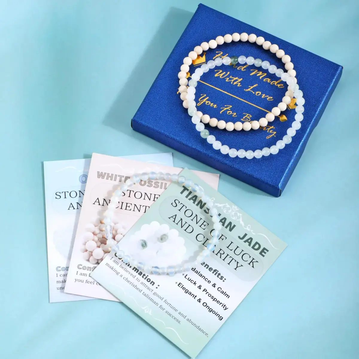 NCB Natural Crystal Gemstone Stretch Bracelets - Opalite, Tianshan Jade, White Fossil Jasper (3-Pack, 4mm) | Authentic USA Import for Meditation & Yoga - view 4