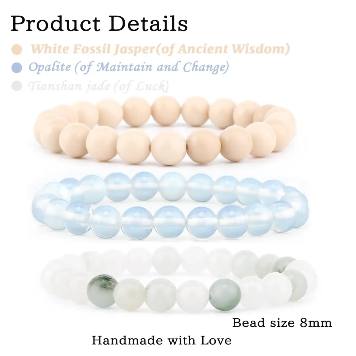NCB 3-Piece 8mm Natural Crystal Gemstone Stretch Bracelets | Handmade Reiki Energy Healing Jewelry for Meditation, Yoga, Unisex - view 2