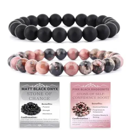 NCB Natural Guild_Jewelry 9a7b67 Pink Black Rhodonite Matte Black Agate Stretch Bracelets, 6mm Beads | Stone of Change - main product image