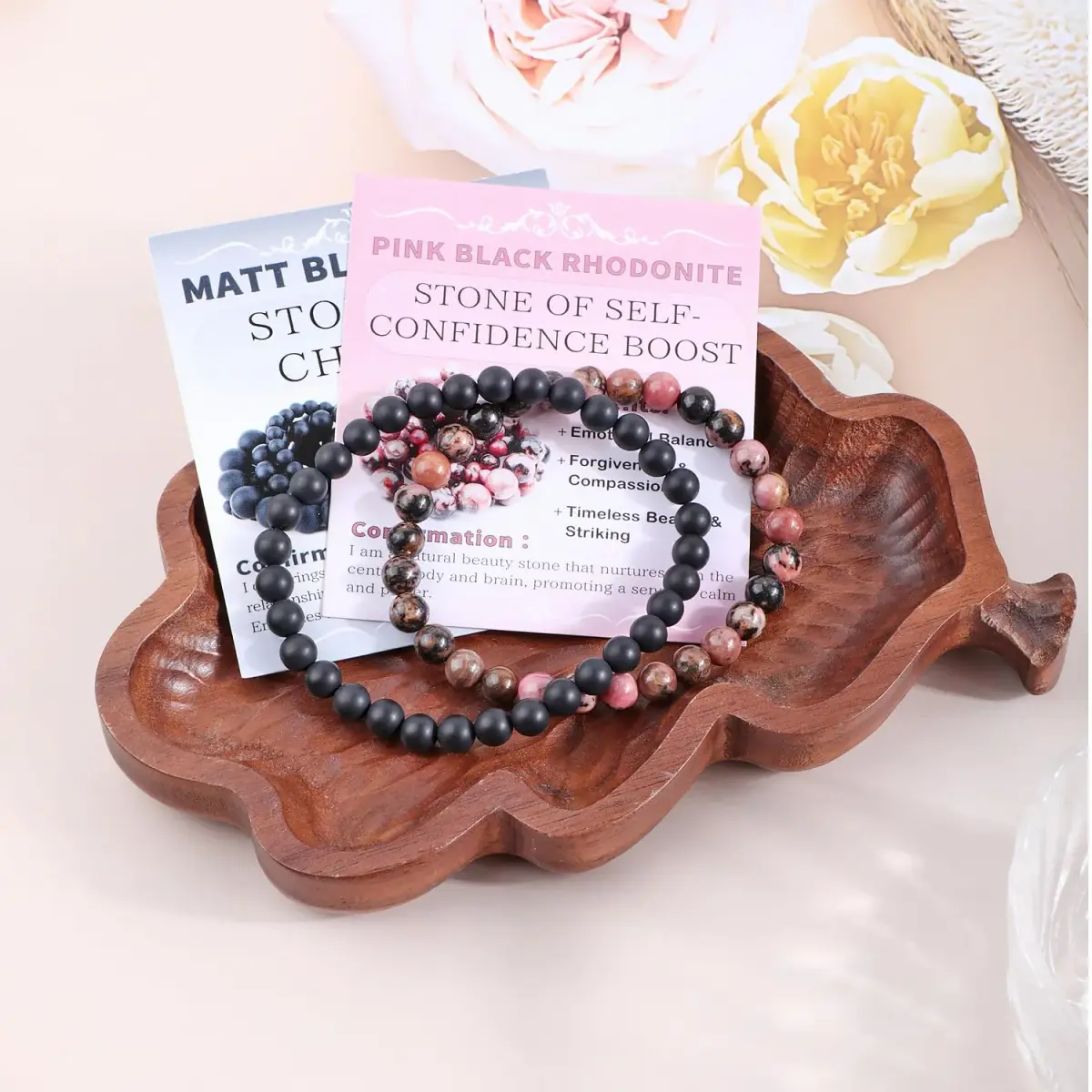NCB Natural Guild_Jewelry 9a7b67 Pink Black Rhodonite Matte Black Agate Stretch Bracelets, 6mm Beads | Stone of Change - view 3