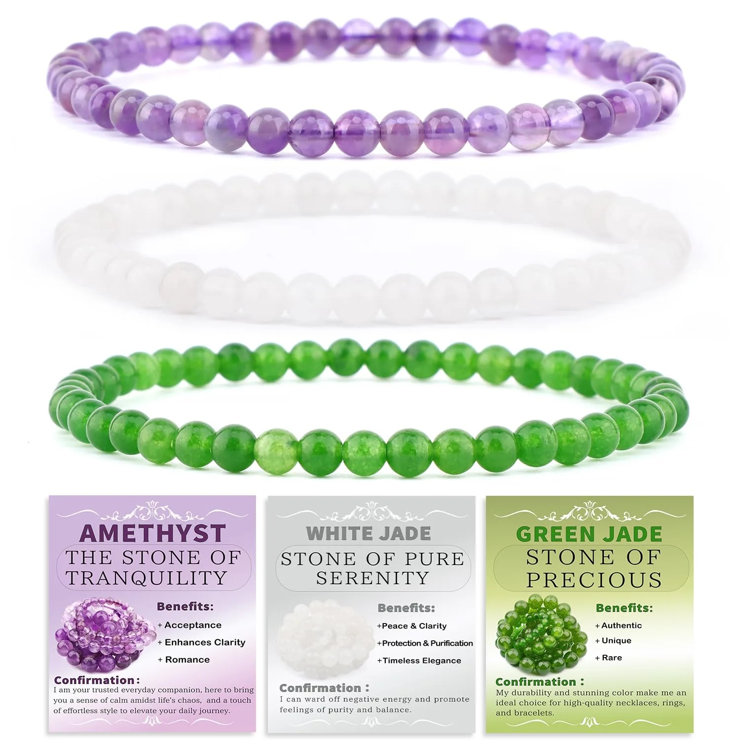 NCB Natural Crystal Gemstone Stretch Bracelets - Amethyst, Green Jade, White Jade (4mm, 3-Pack) - main product image
