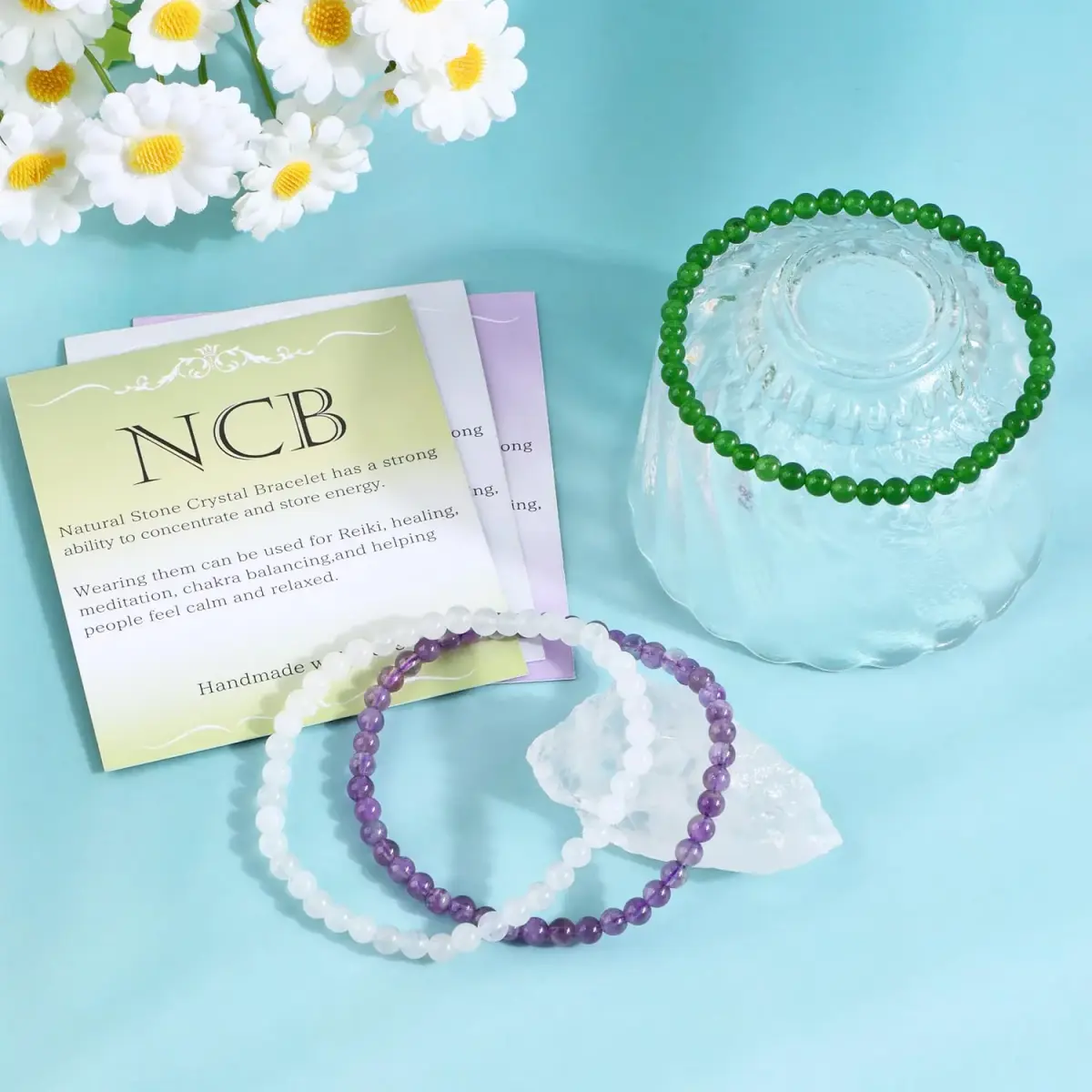 NCB Natural Crystal Gemstone Stretch Bracelets - Amethyst, Green Jade, White Jade (4mm, 3-Pack) - view 3