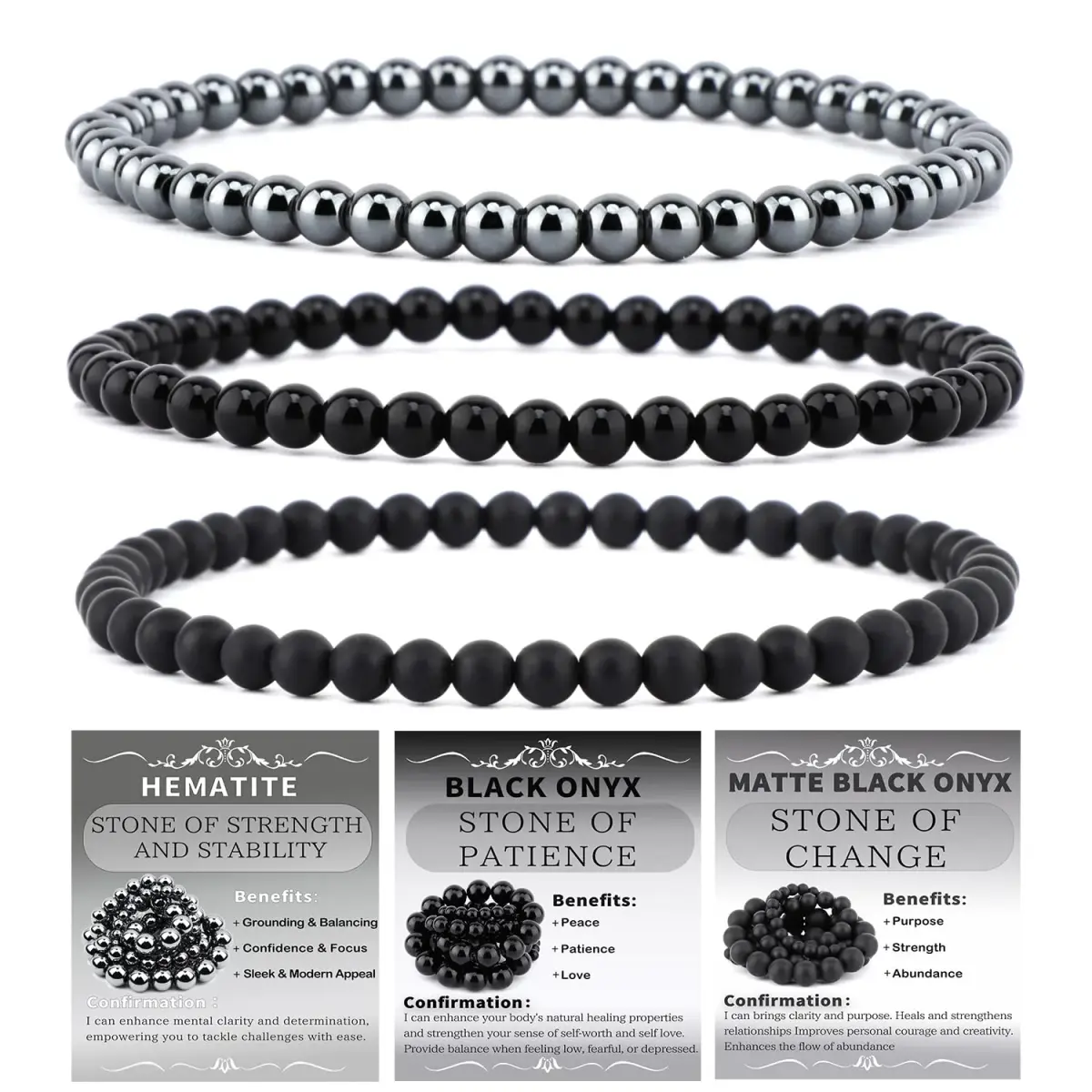 NCB 3-Piece 4mm Natural Crystal Gemstone Stretch Bracelets - Black Onyx, Hematite, Matte Black Agate | Handmade Reiki Healing Jewelry - main product image
