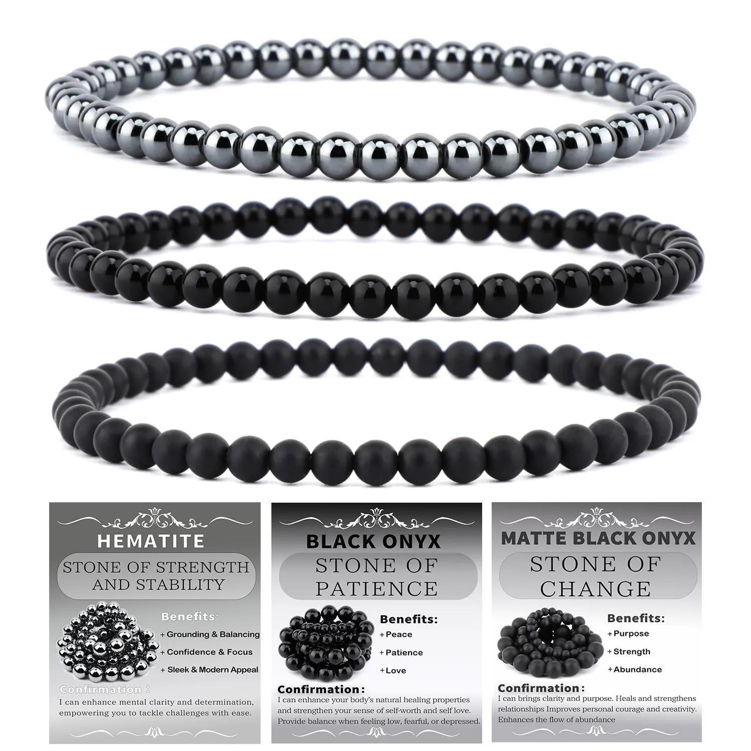 NCB 3-Piece 4mm Natural Crystal Gemstone Stretch Bracelets - Black Onyx, Hematite, Matte Black Agate | Handmade Reiki Healing Jewelry - main product image
