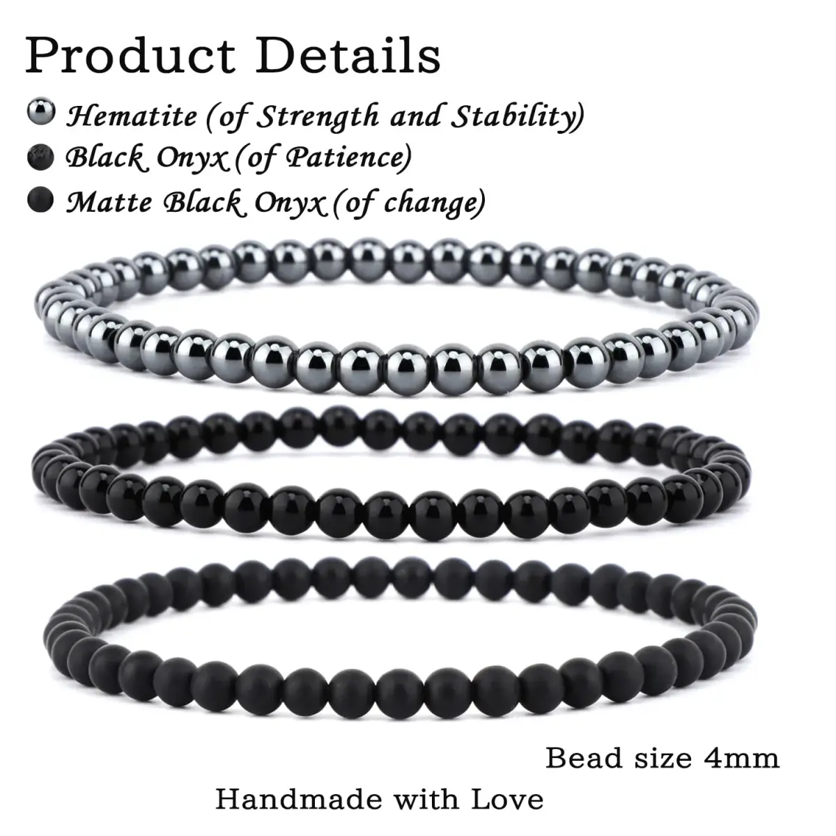 NCB 3-Piece 4mm Natural Crystal Gemstone Stretch Bracelets - Black Onyx, Hematite, Matte Black Agate | Handmade Reiki Healing Jewelry - view 2