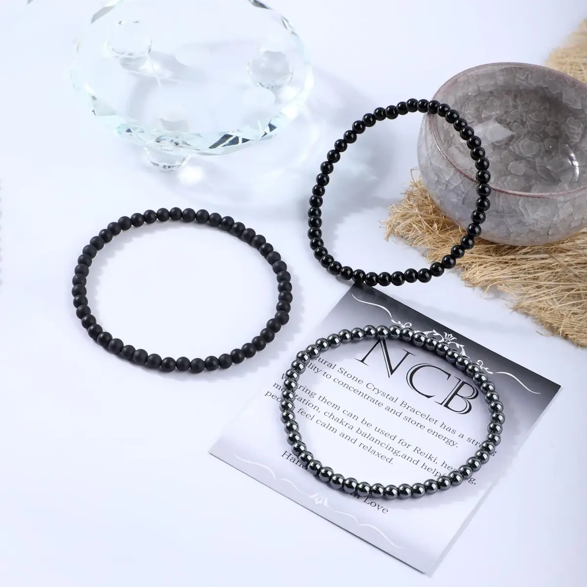 NCB 3-Piece 4mm Natural Crystal Gemstone Stretch Bracelets - Black Onyx, Hematite, Matte Black Agate | Handmade Reiki Healing Jewelry - view 3
