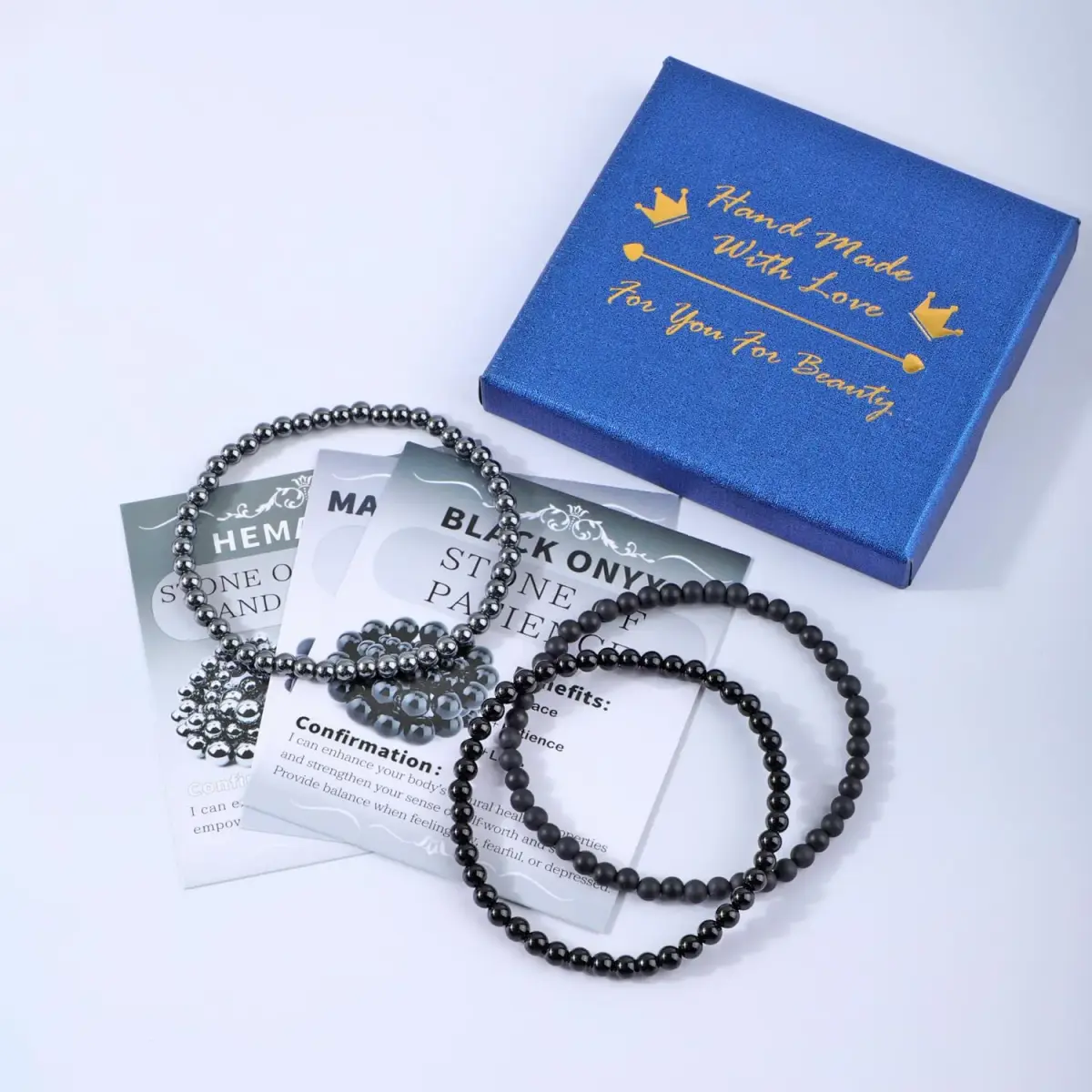NCB 3-Piece 4mm Natural Crystal Gemstone Stretch Bracelets - Black Onyx, Hematite, Matte Black Agate | Handmade Reiki Healing Jewelry - view 4