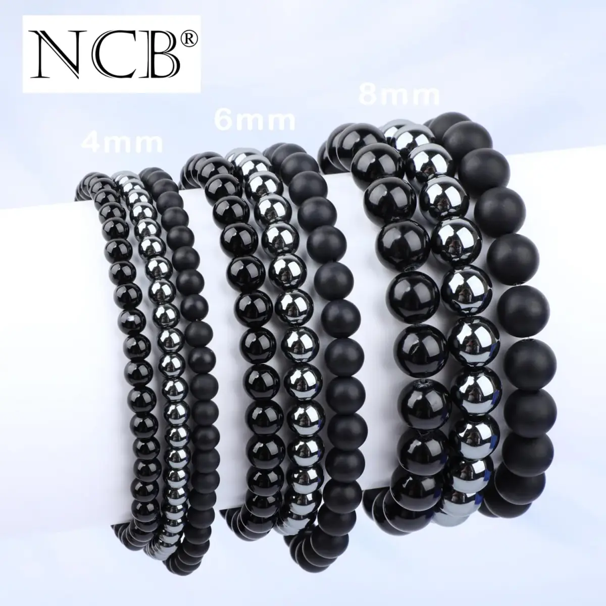 NCB 3-Piece 4mm Natural Crystal Gemstone Stretch Bracelets - Black Onyx, Hematite, Matte Black Agate | Handmade Reiki Healing Jewelry - view 5