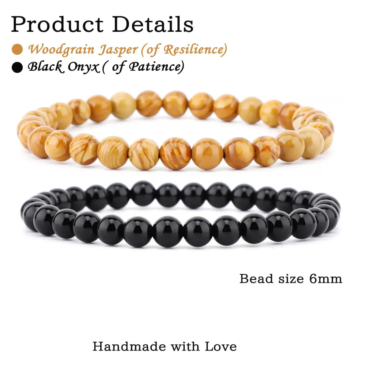 NCB Natural Bracelet c75213 Black Onyx Woodgrain Jasper Stretch Bracelets, 6mm Beads | Stone of Resilience - main product image