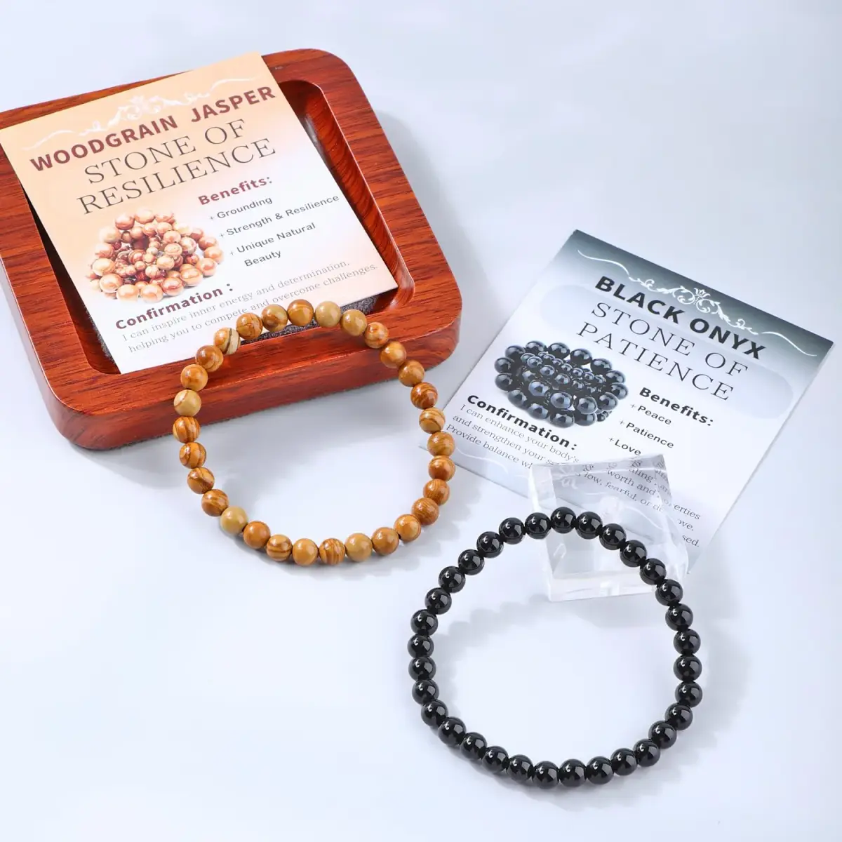 NCB Natural Bracelet c75213 Black Onyx Woodgrain Jasper Stretch Bracelets, 6mm Beads | Stone of Resilience - view 2